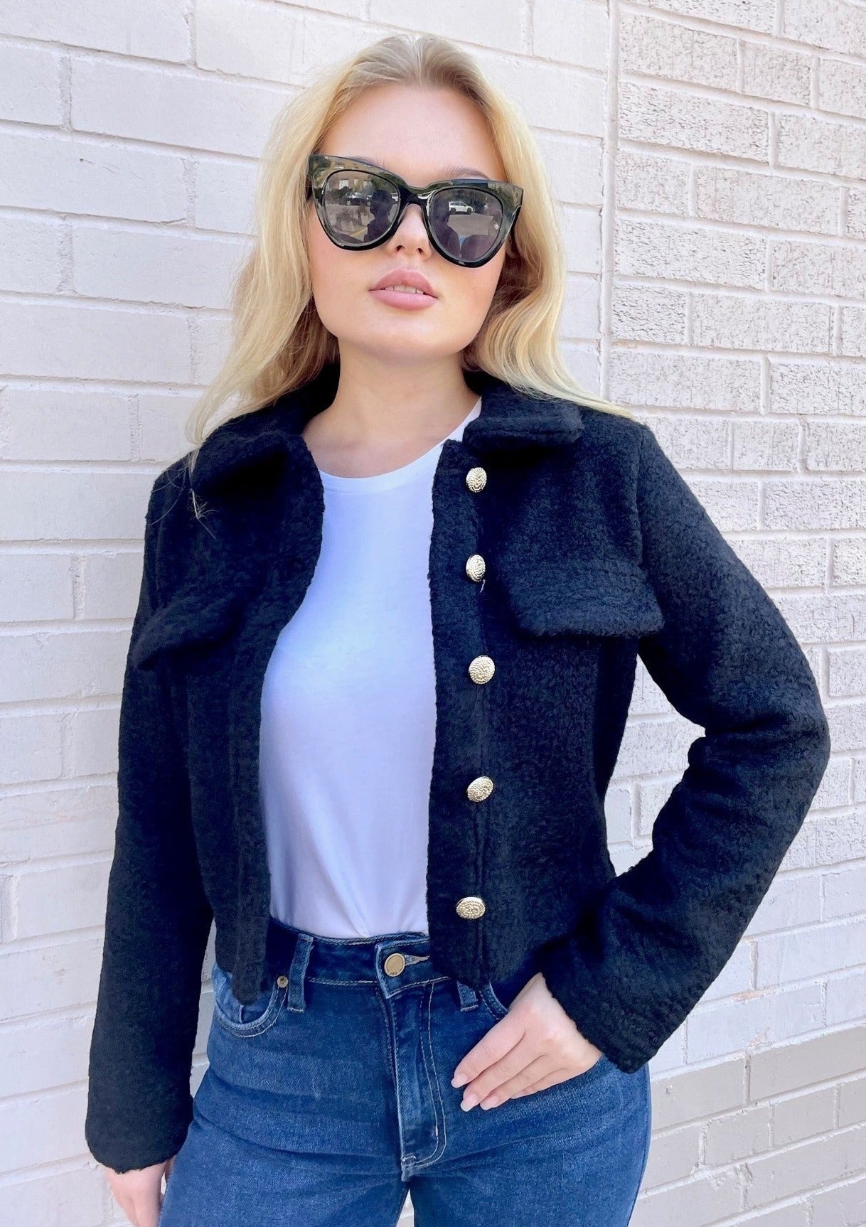 Wool Look Jacket w/ Gold Buttons - Black