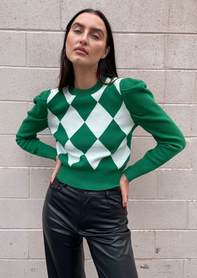 The Pink Door Diamond Checker Sweater - Green