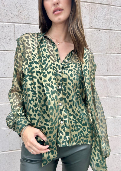 The Pink Door Leopard Print Bow Blouse - Olive/Gold