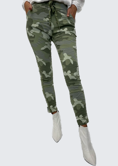 The Pink Door Camo Print Joggers w/ Silver Studs - Olive