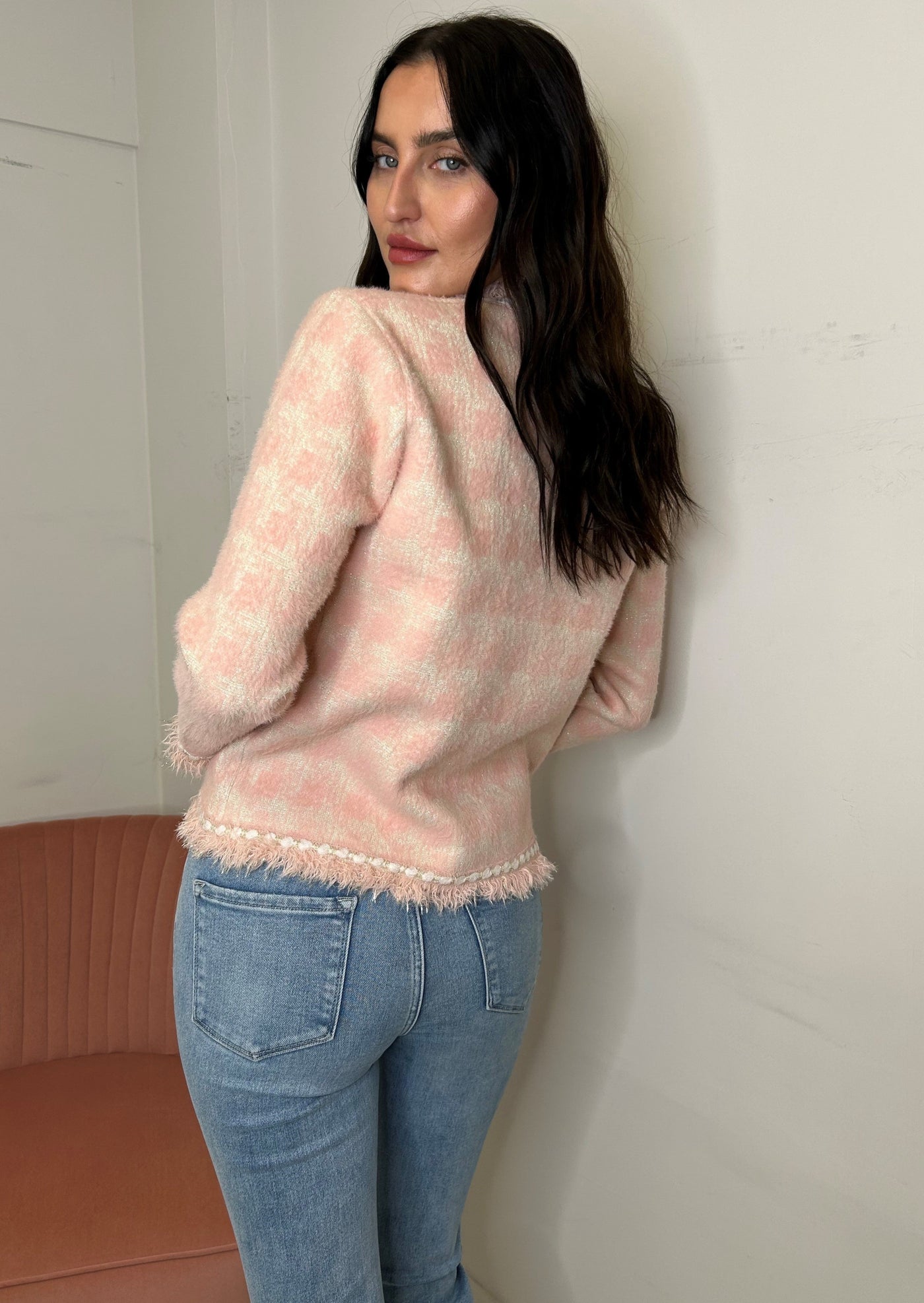 The Pink Door Jacket-style Cardigan w/ Pearl Buttons - Pink