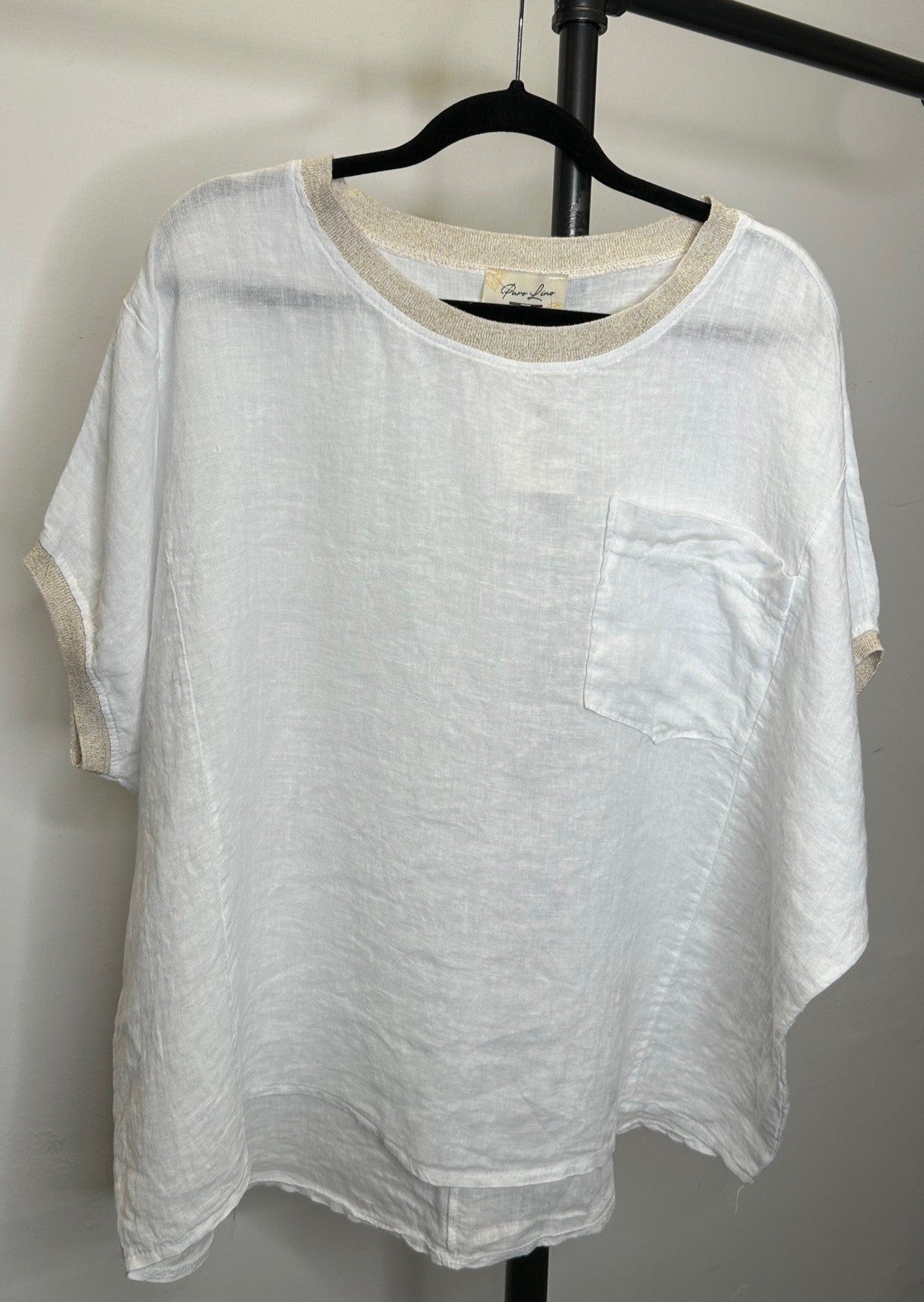 The Pink Door Oversized Linen Top w/ Gold Trim Detail - White