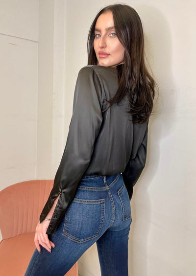 The Pink Door L/S V-neck Satin Bodysuit - Black