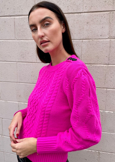 Generation Love Brooks Cable Sweater w/ Button Detail - Hot Pink