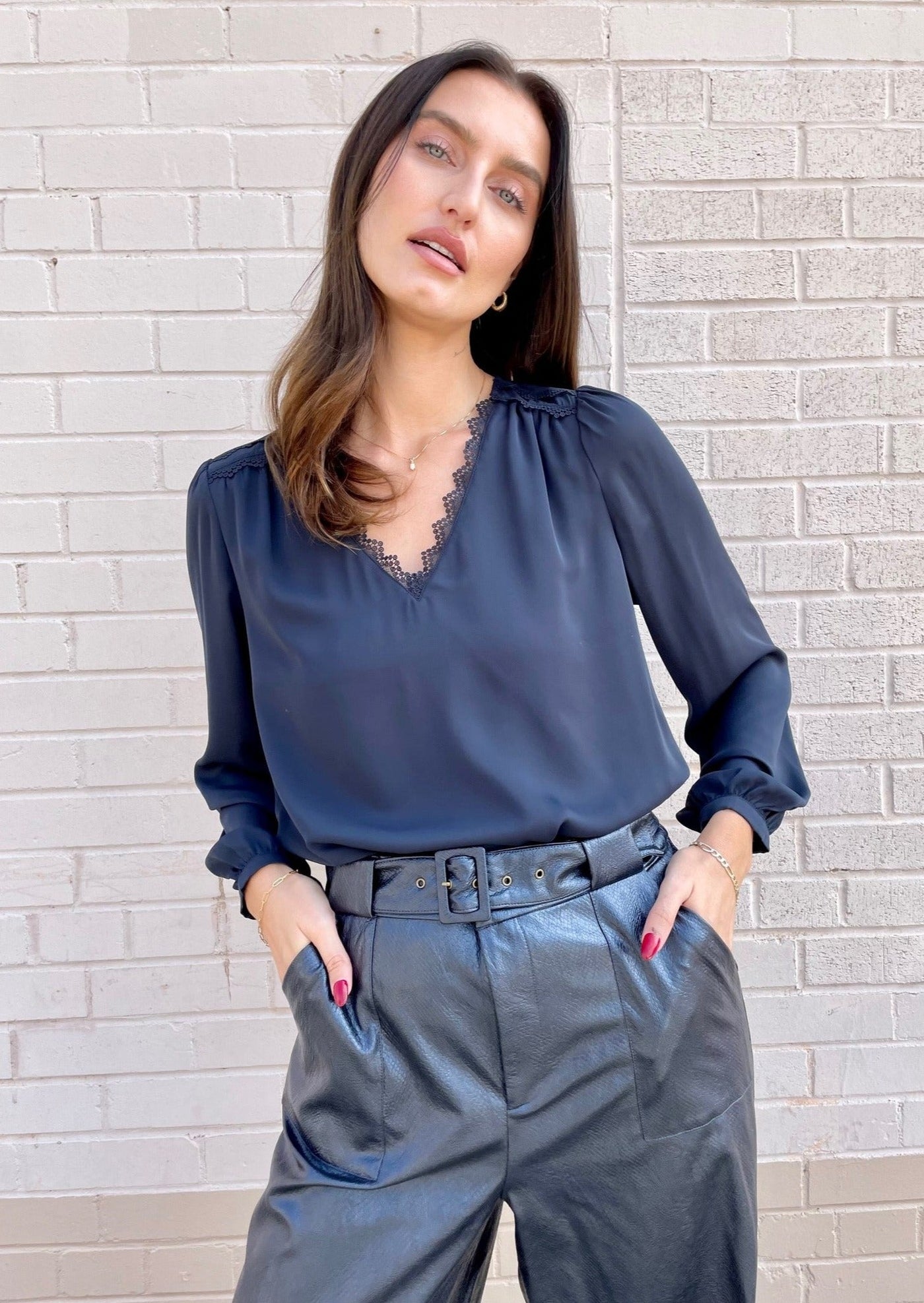 The Pink Door Lace Trim V-Neck Blouse - Navy