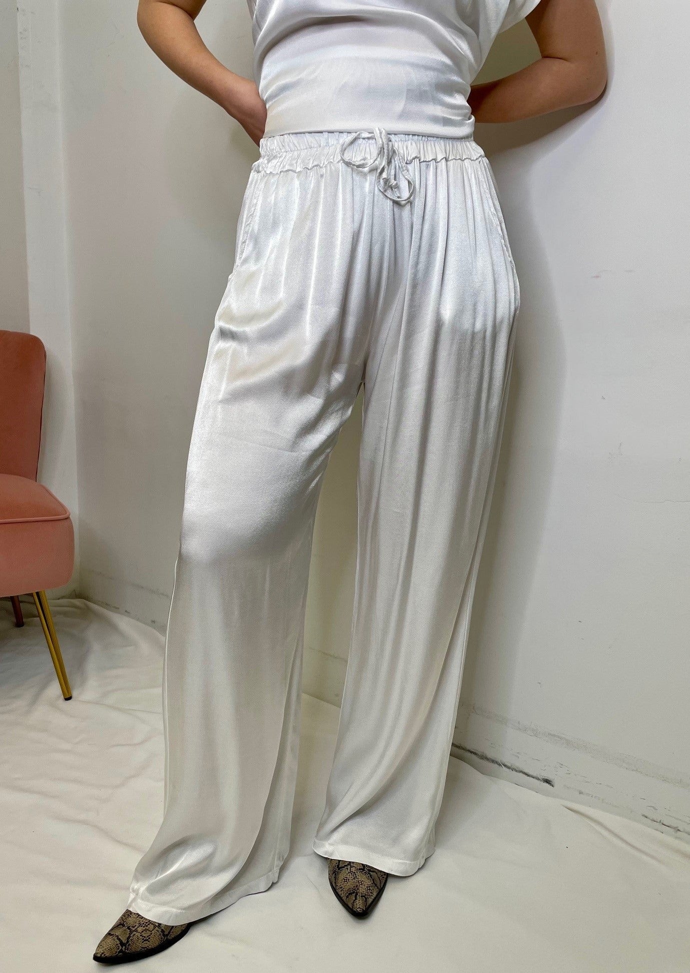 The Pink Door Satin Wide Leg Pants - White