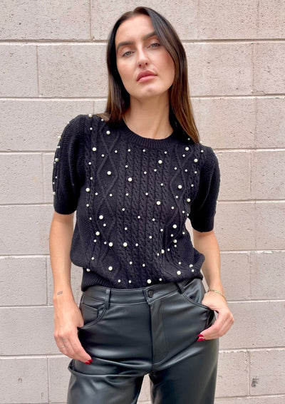 The Pink Door S/S Sweater w/ Pearl Detail - Black