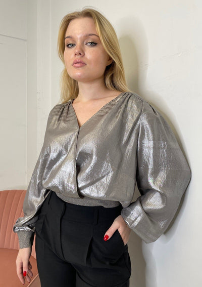 The Pink Door Metallic Surplice Blouse - Silver