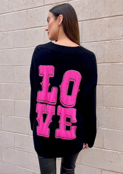 Brodie Western “Love” Cashmere Cardigan - Black/Barbie Pink