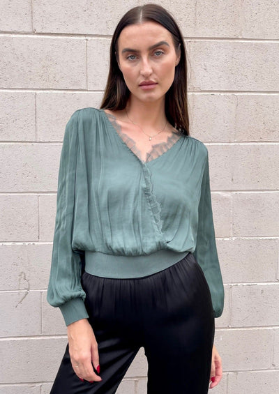 The Pink Door Crossover Blouse w/ Lace - Green