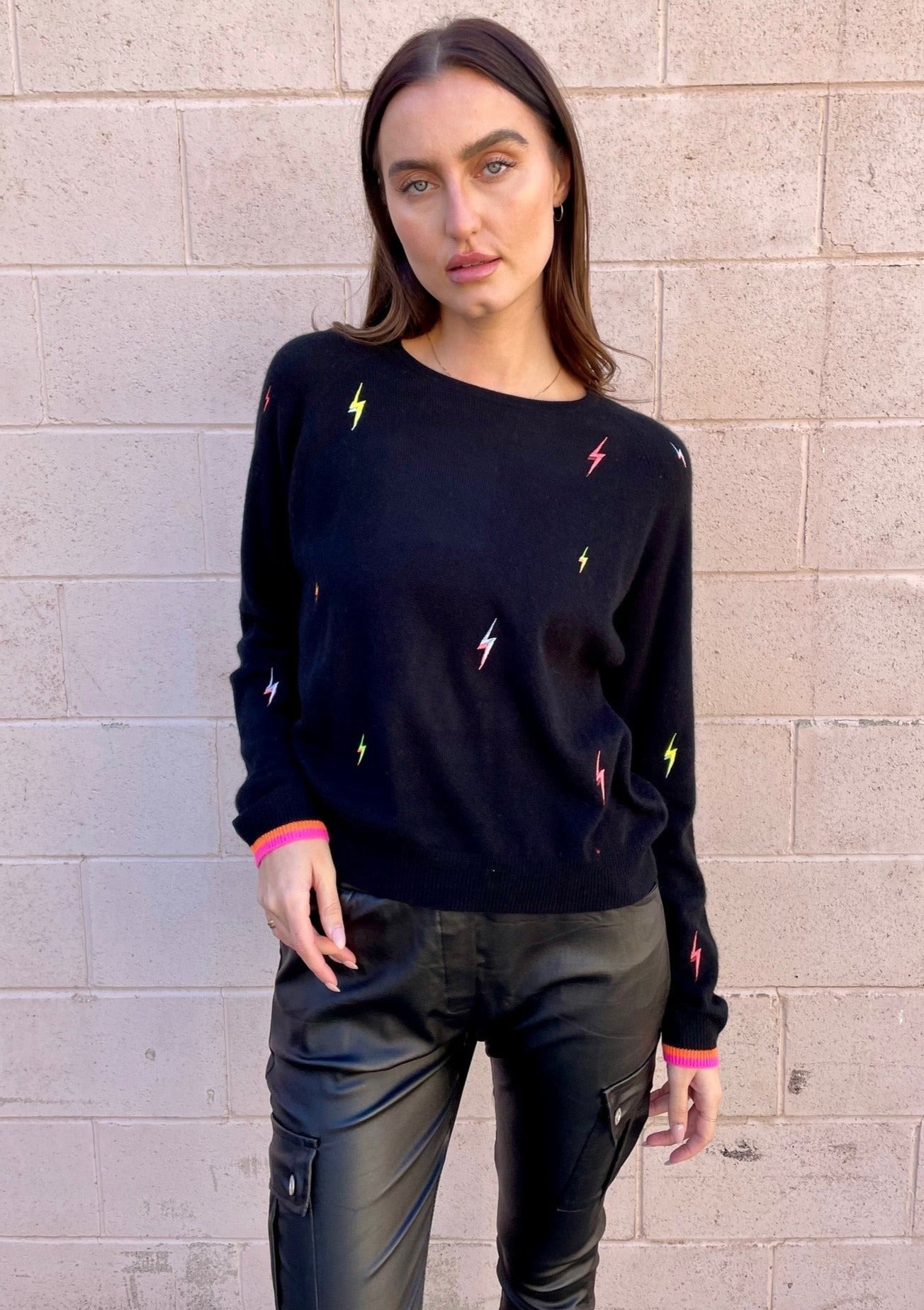 Brodie Lightning Bolt Cashmere Sweater - Black/Neon