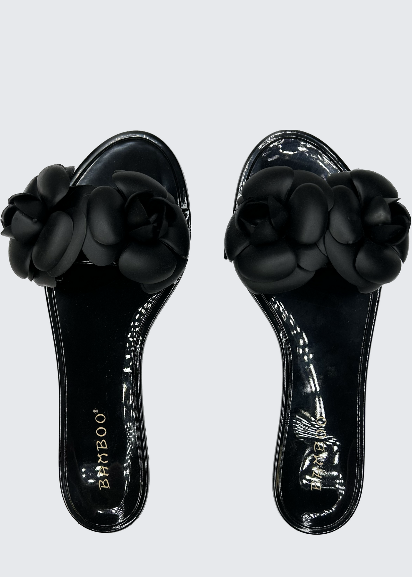 Bamboo Camellia Flower Rubber Sandals - Black