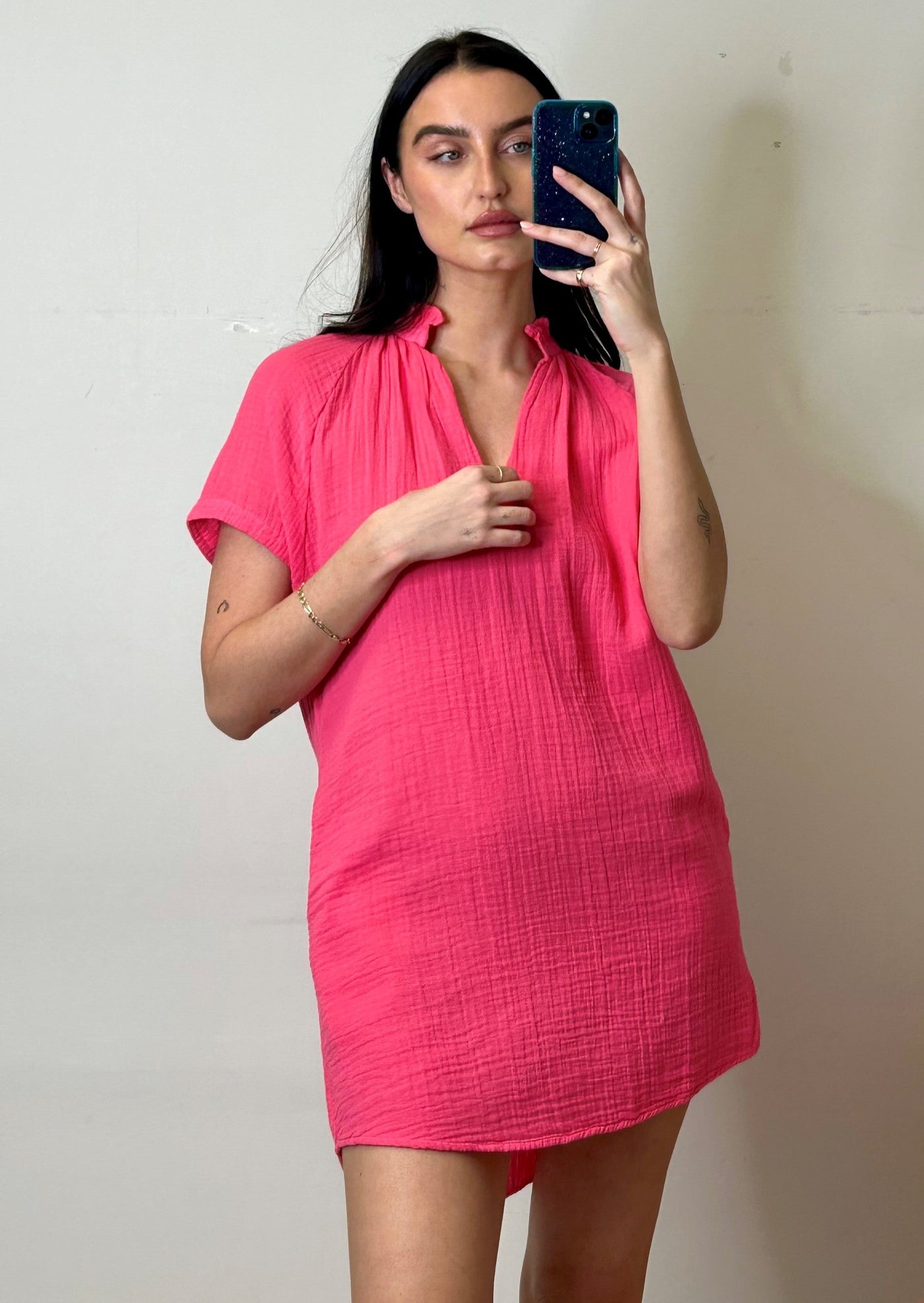 Stark X Cotton Gauze Short Dress w/ Pockets - Rose