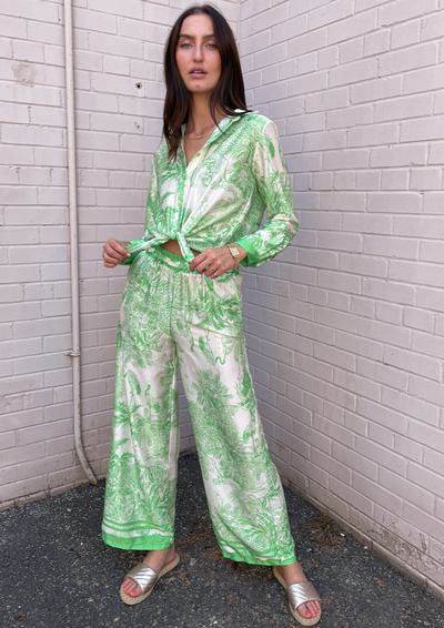 The Pink Door Silky Tropical Print Pant - Green