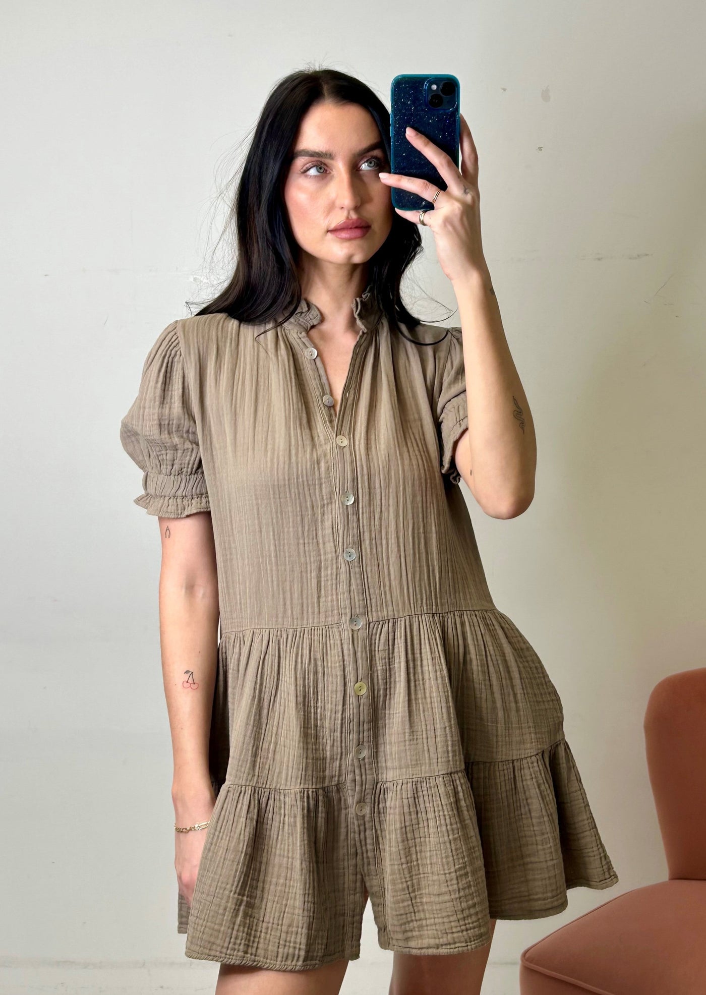 Stark X Cotton Gauze Rose Short Dress - Taupe