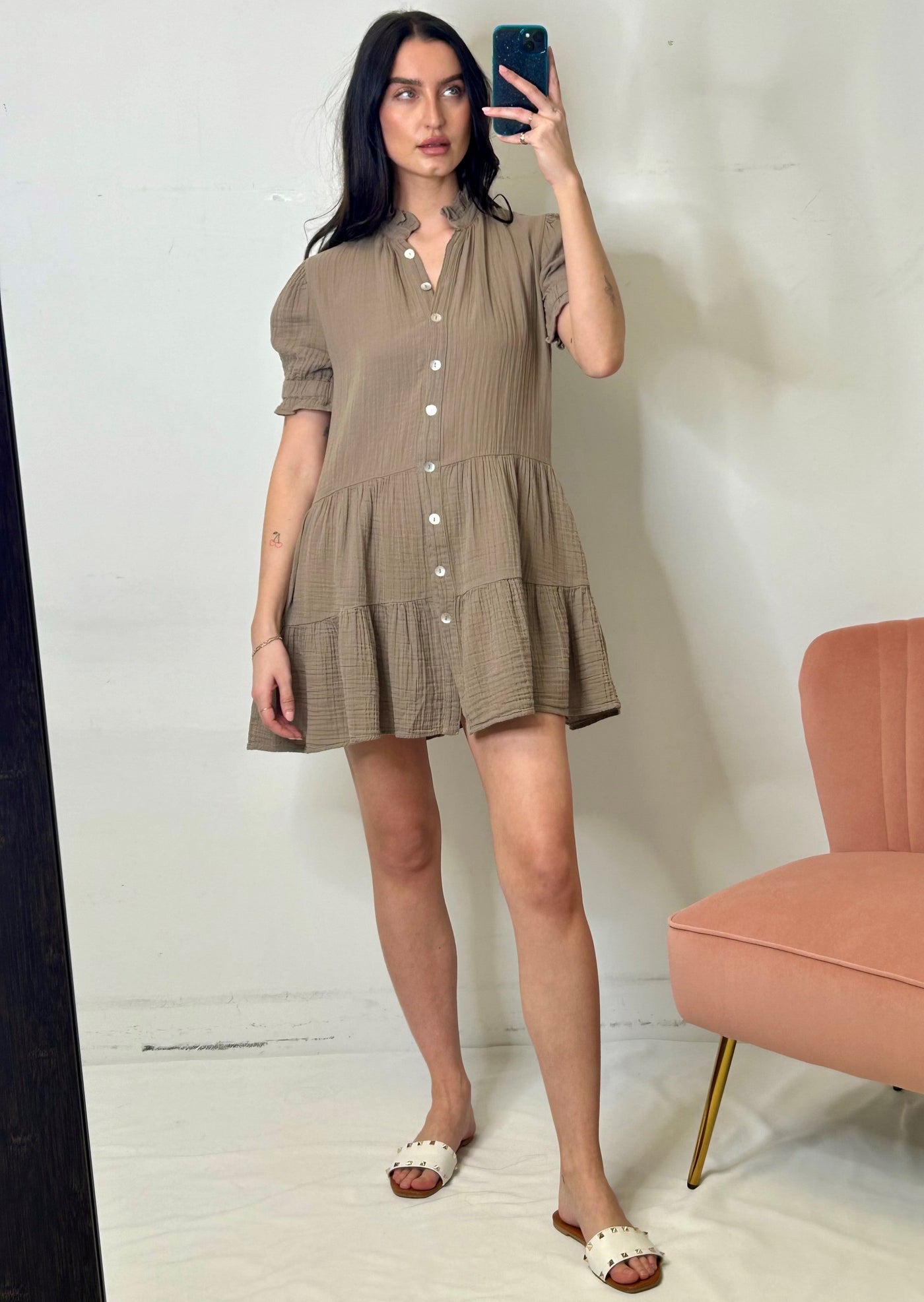 Stark X Cotton Gauze Rose Short Dress - Taupe