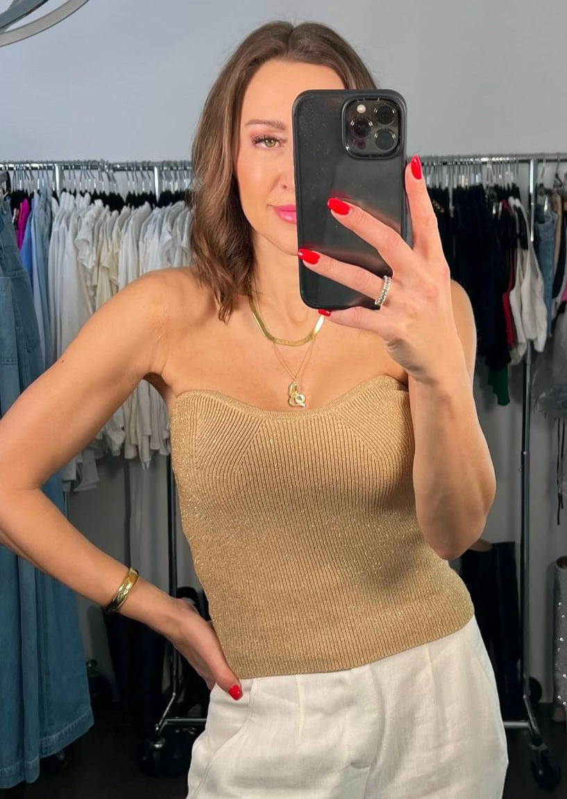 The Pink Door Shimmer Strapless Knit Top - Gold