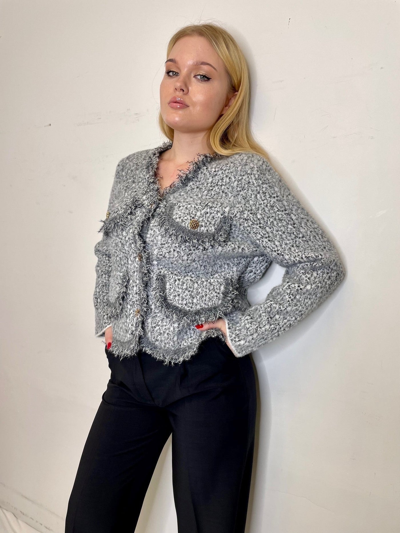 The Pink Door Fray Finish Short Cardigan - Grey