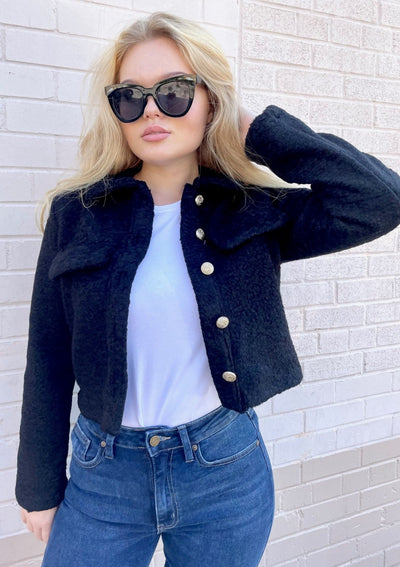 Wool Look Jacket w/ Gold Buttons - Black