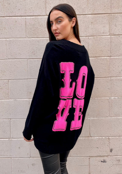 Brodie Western “Love” Cashmere Cardigan - Black/Barbie Pink