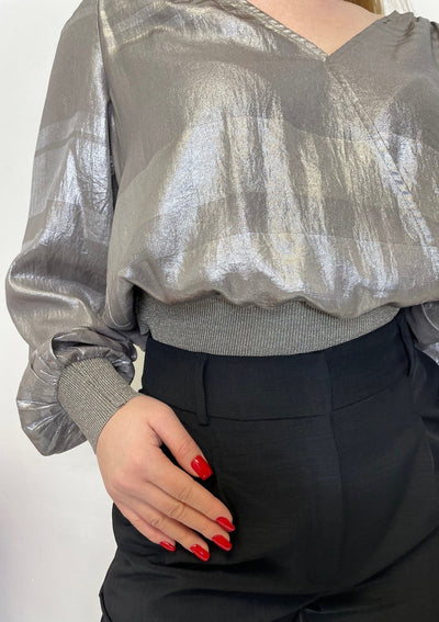 The Pink Door Metallic Surplice Blouse - Silver