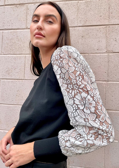 The Pink Door Sweater w/ Lace Sleeves - Black/White