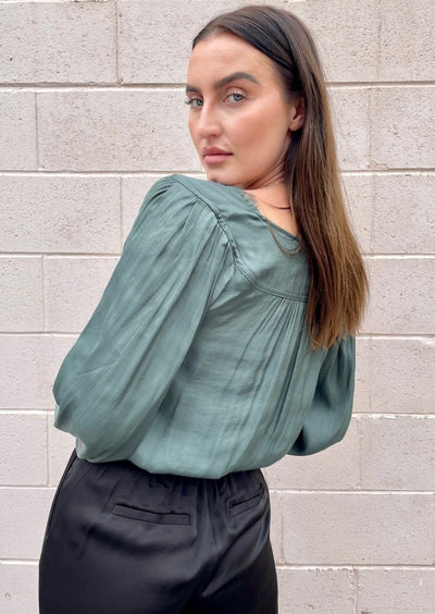 The Pink Door Crossover Blouse w/ Lace - Green