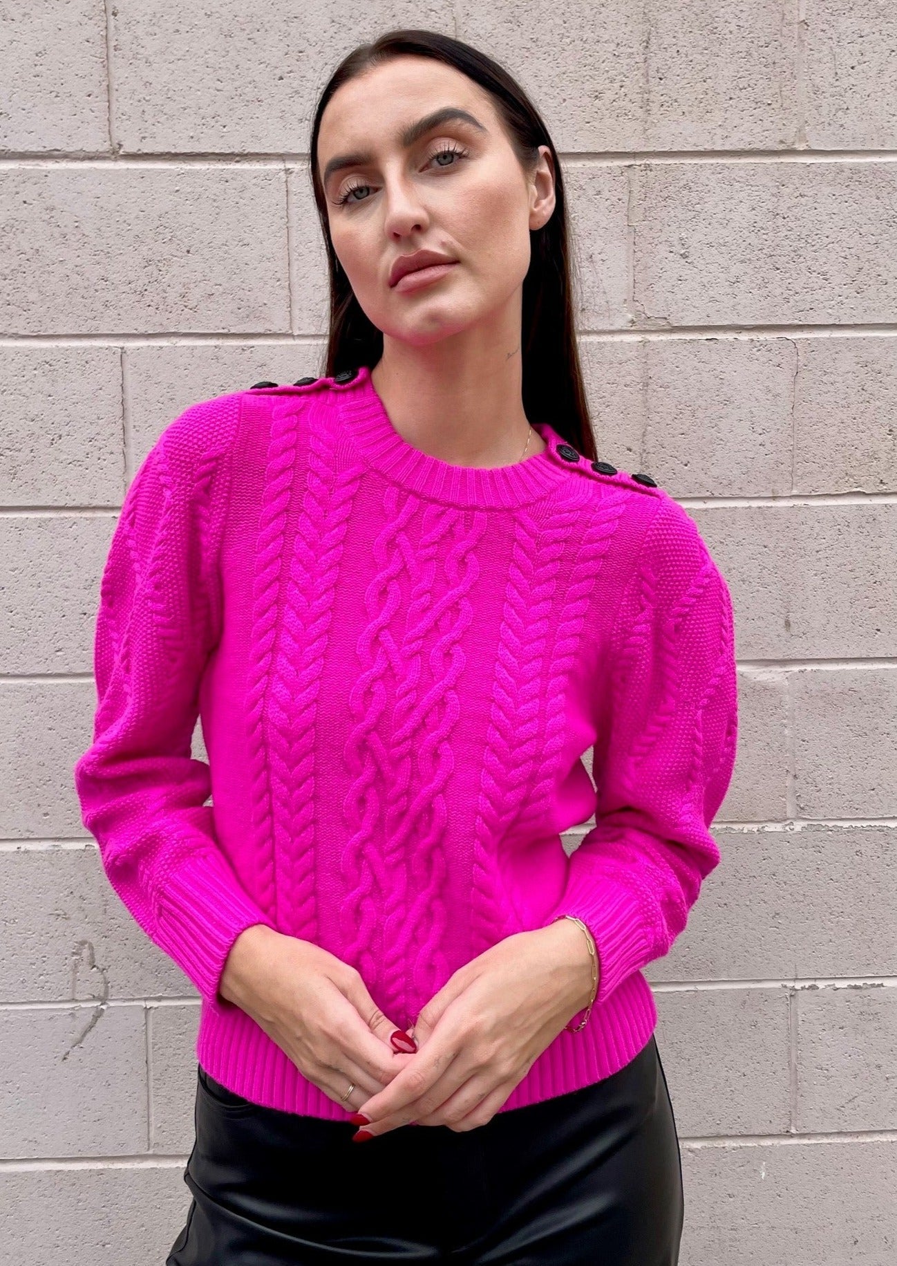 Generation Love Brooks Cable Sweater w/ Button Detail - Hot Pink