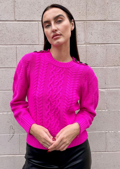 Generation Love Brooks Cable Sweater w/ Button Detail - Hot Pink