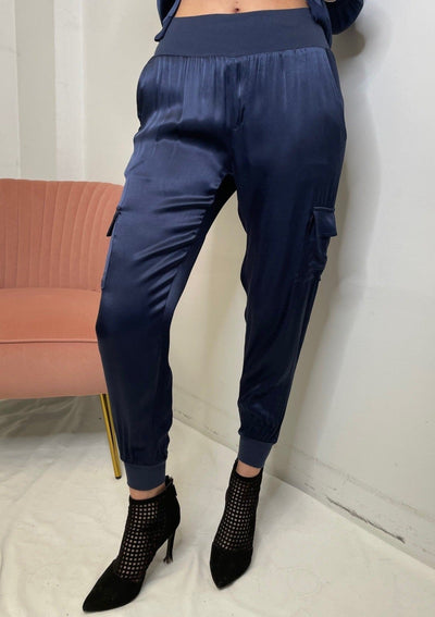 The Pink Door Soft Satin Joggers - Navy