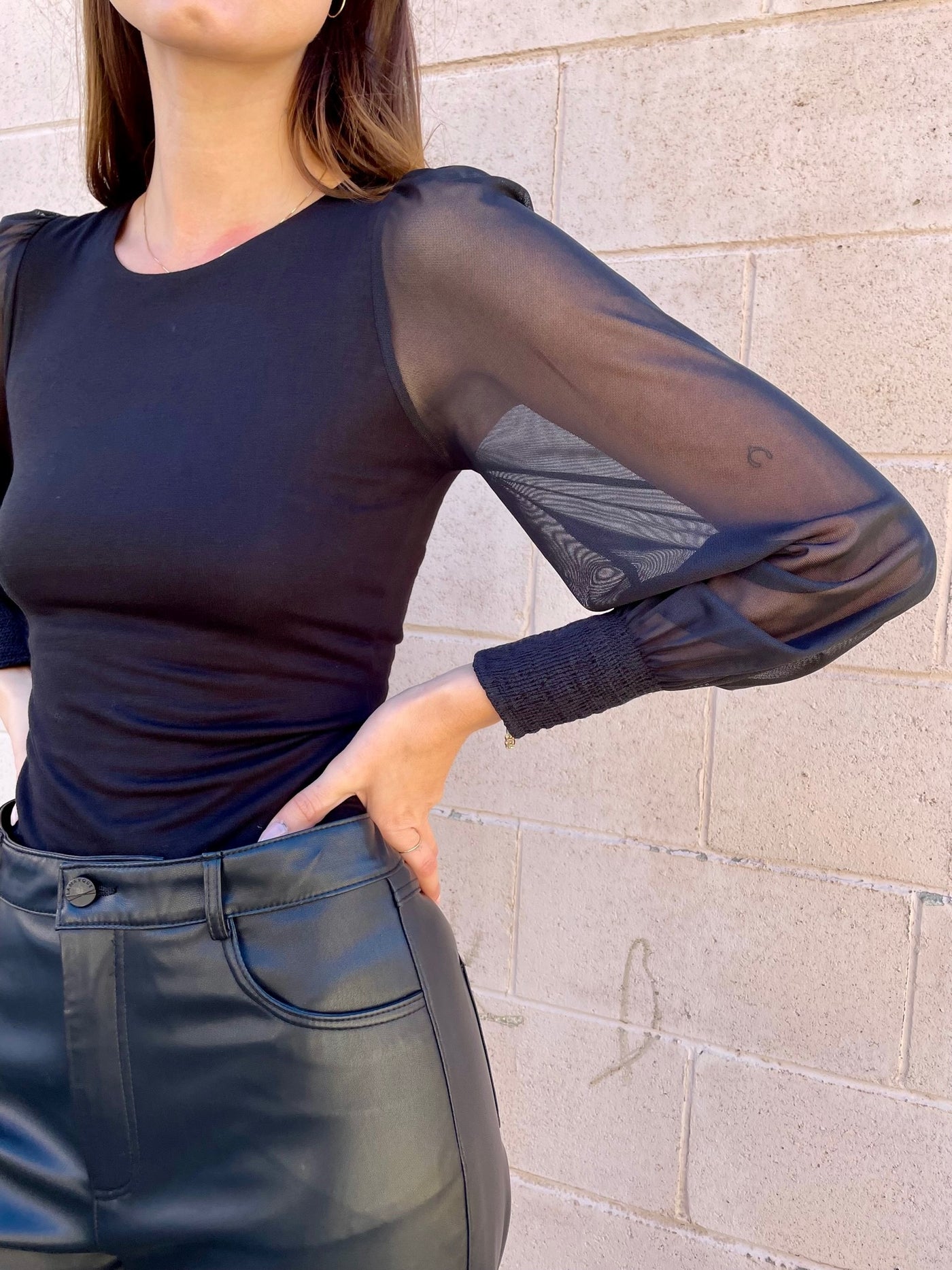 The Pink Door Mesh Balloon Sleeve Top - Black