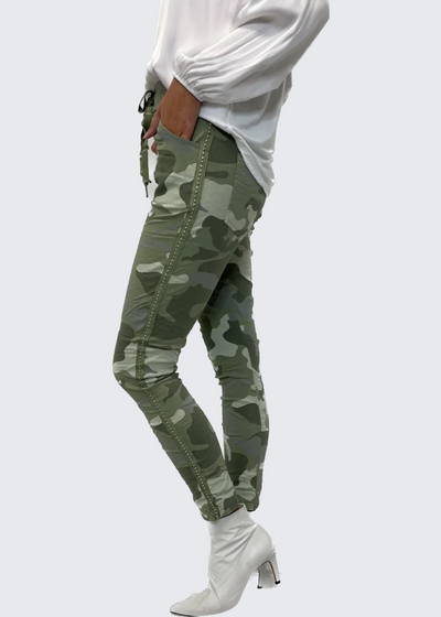 The Pink Door Camo Print Joggers w/ Silver Studs - Olive