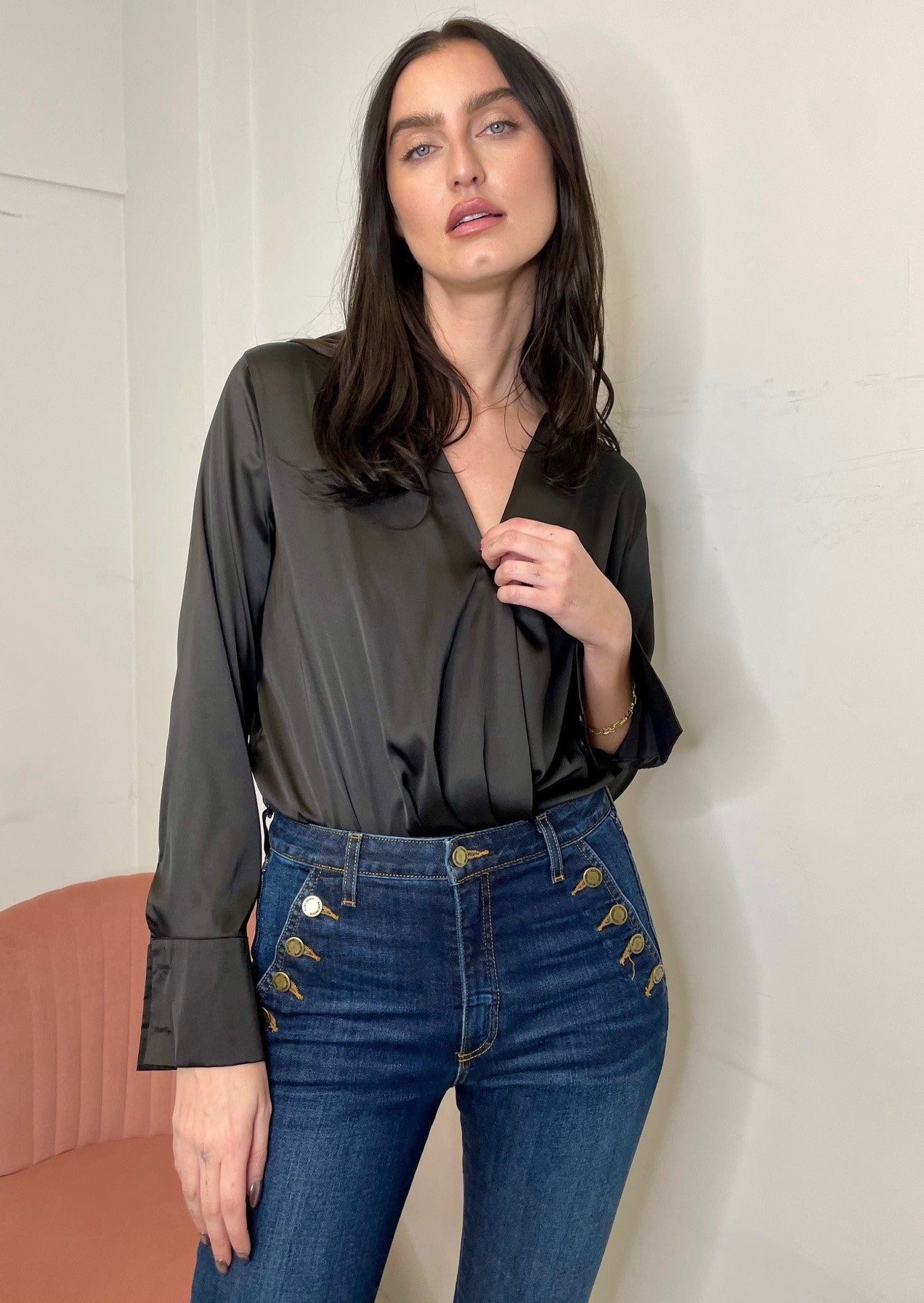 The Pink Door L/S V-neck Satin Bodysuit - Black