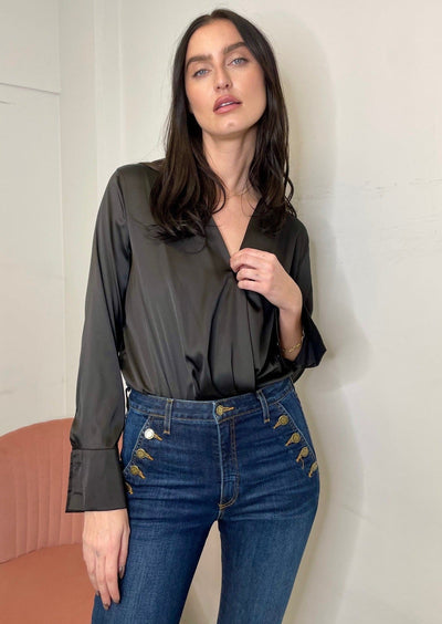 The Pink Door L/S V-neck Satin Bodysuit - Black