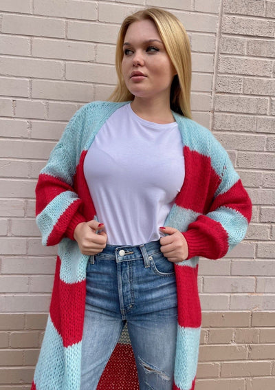 The Pink Door Striped Duster - Sky/Red
