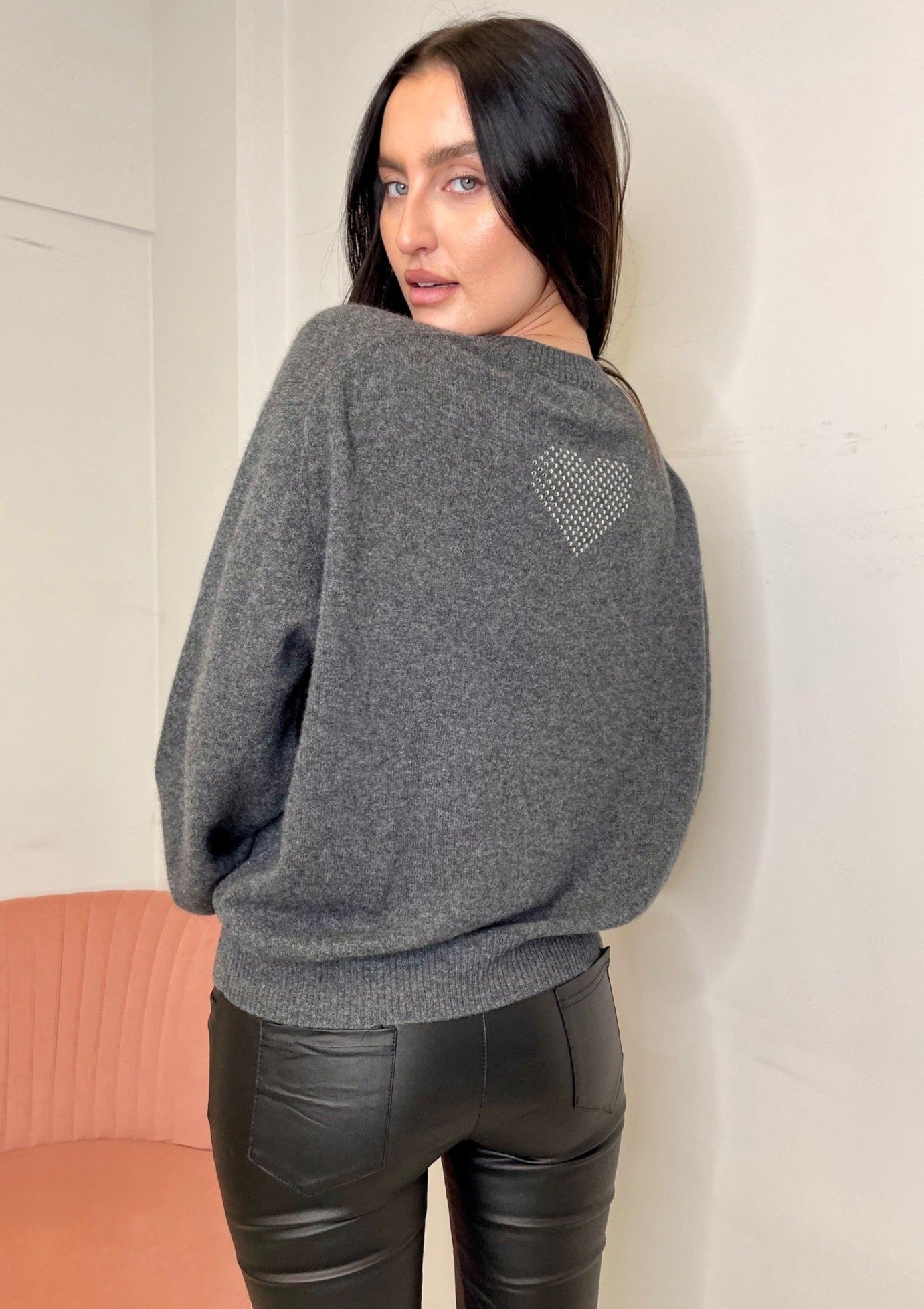 Brodie “Love” Stud Crew Sweater - Grey