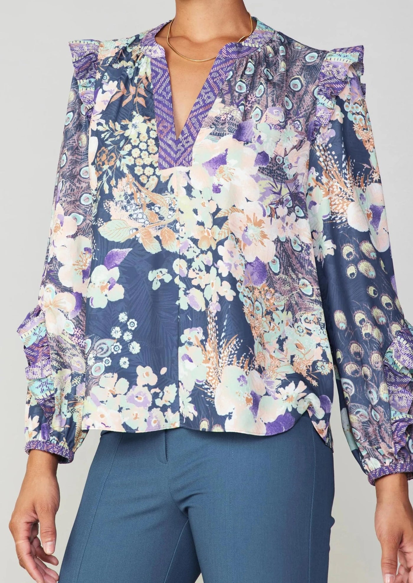 The Pink Door Relaxed Fit Peacock Floral Blouse - Navy