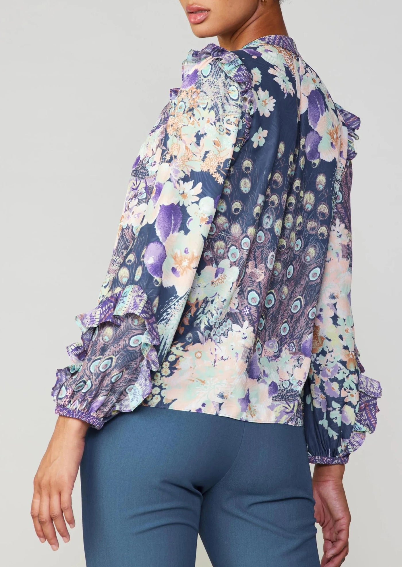 The Pink Door Relaxed Fit Peacock Floral Blouse - Navy