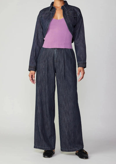 The Pink Door Pleated Wide Leg Denim Pants - Indigo