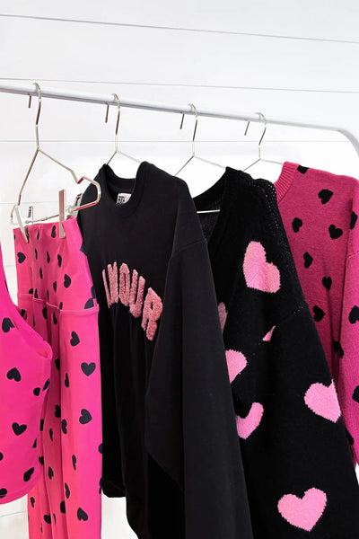 Beach Riot Joey Oversized Sweater w/ Pink Hearts - Black