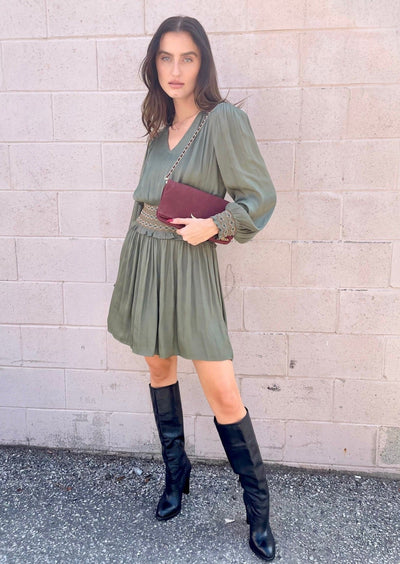 The Pink Door Smock Detail Waist Silky Dress - Khaki