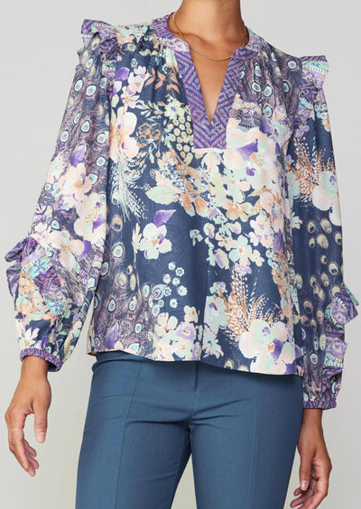 The Pink Door Relaxed Fit Peacock Floral Blouse - Navy