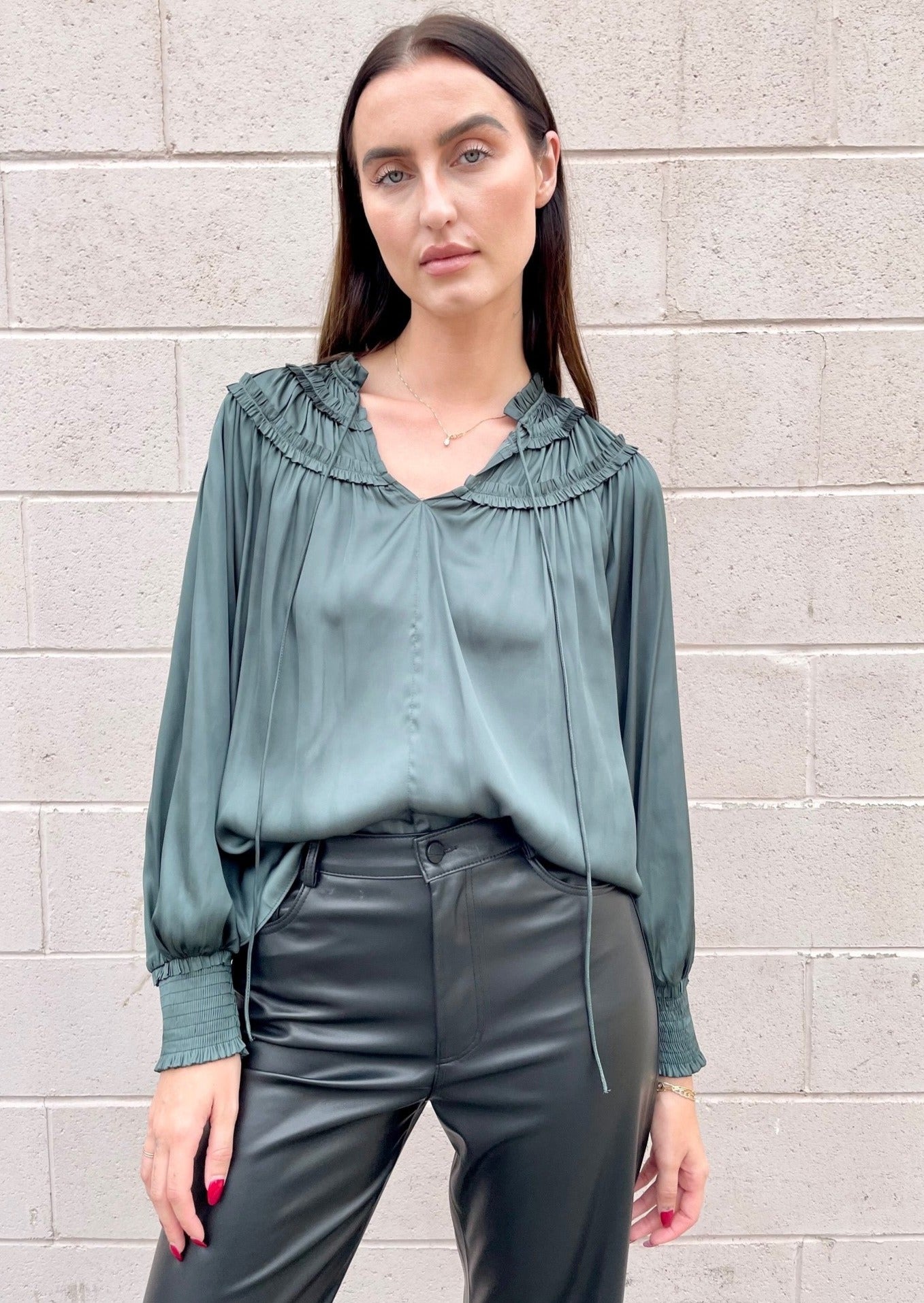 The Pink Door Ruffle Bodice Blouse - Green