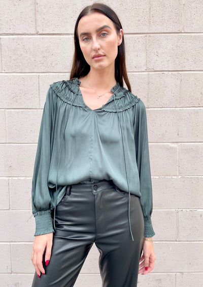 The Pink Door Ruffle Bodice Blouse - Green