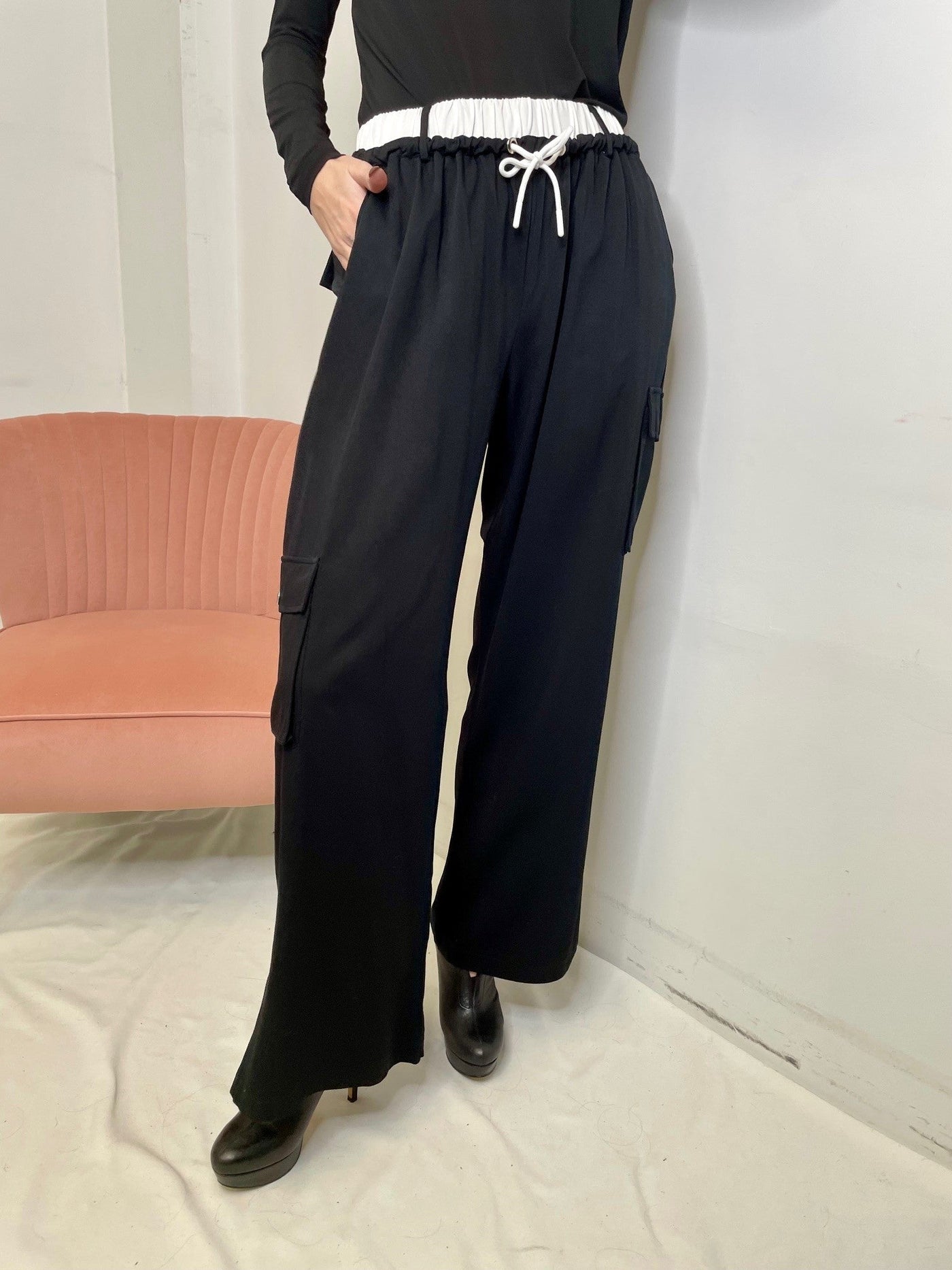 The Pink Door Black Straight Cargo Pants w/ White Band