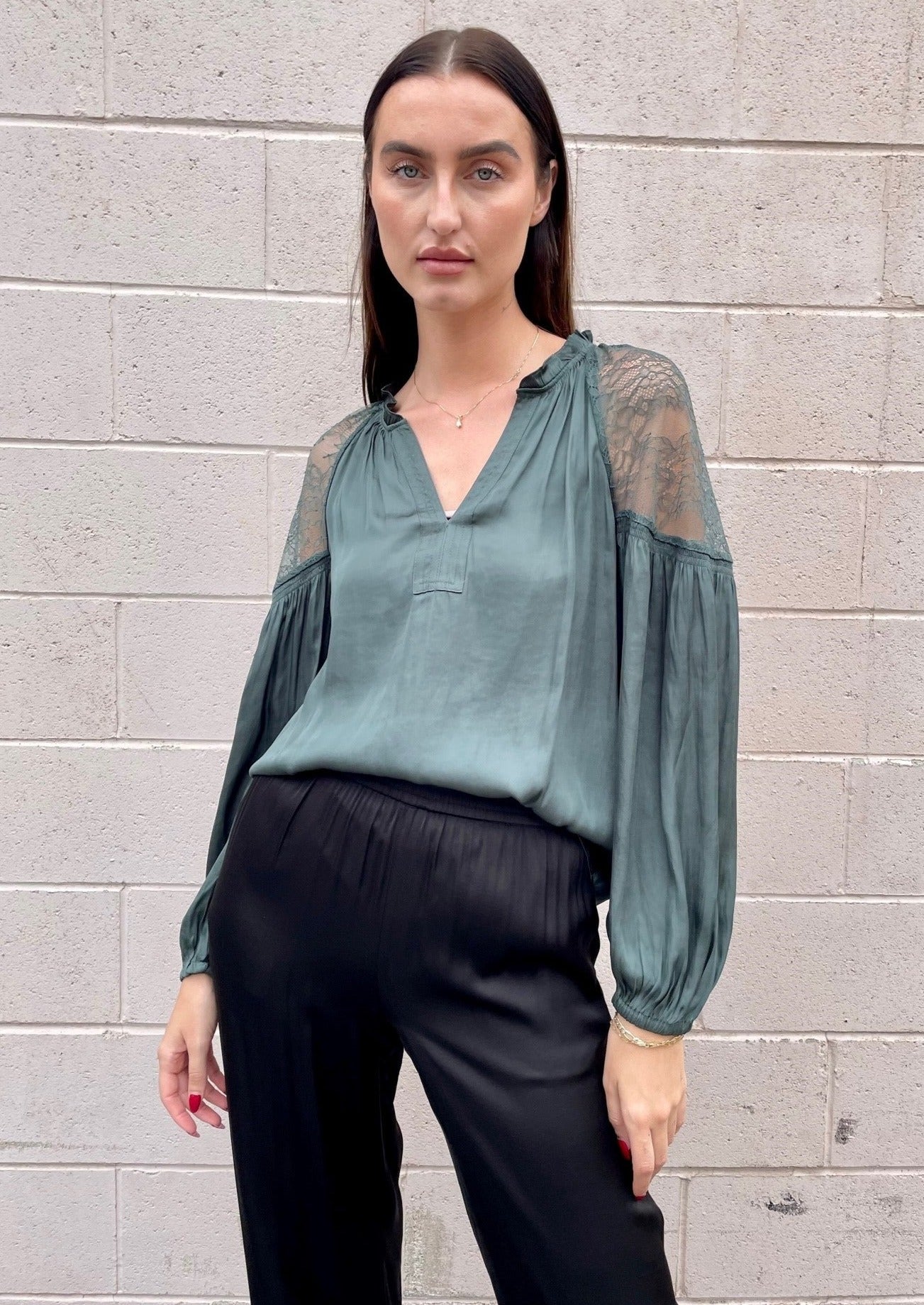 The Pink Door Lace Shoulder Blouse - Green