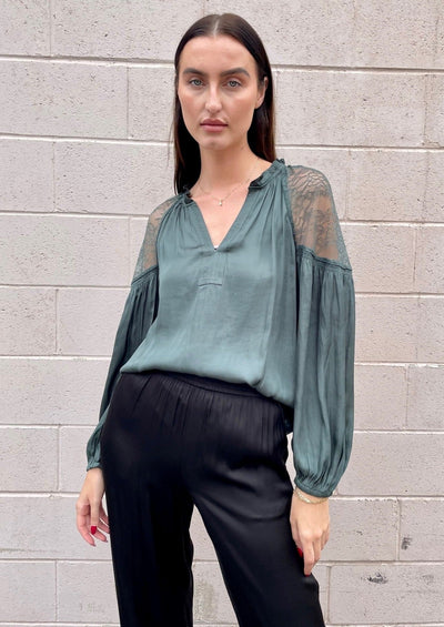 The Pink Door Lace Shoulder Blouse - Green
