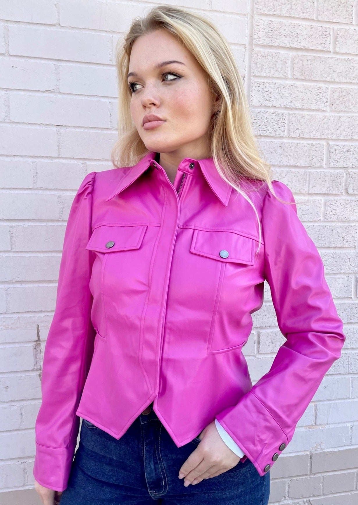 Faux Leather Jacket - Hot Pink