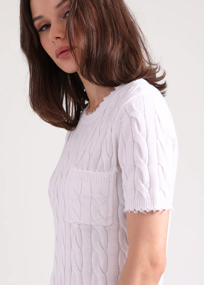 Minnie Rose Cotton Frayed Cable Short Sleeve Tee White