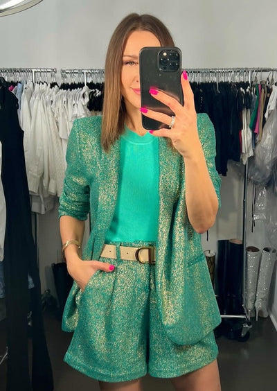 Molly Bracken Teal Gold Sparkle Blazer